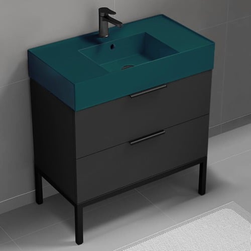 Modern Black Bathroom Vanity, 32 Inch, Green Ceramic Sink, Free Standing Nameeks DERIN307